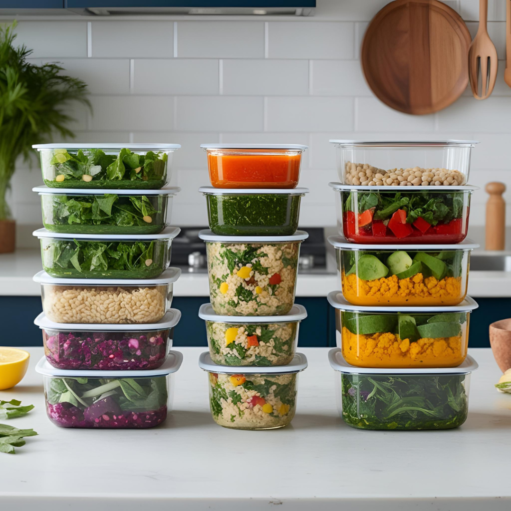 Sample 3-Day Meal Plan to Get Started Healthy plant-based meal prep with colorful containers of prepared vegetables, grains, legumes and fruits arranged neatly for a week of convenient eating. This organized approach shows how easy it is to maintain a plant-based diet with busy schedules.